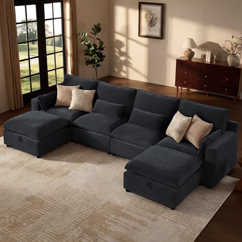 Image of WorthFurni Modern Modular Sectional Sofa,134 inch U Shape Sectional Cloud Couch with Storage Ottoman,Comfty 6 Seat Sofa for Living Room,Black Chenille