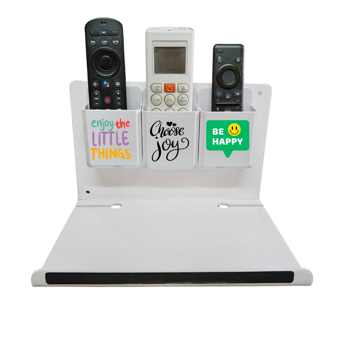 Rainbow Dots AC TV Remote Stand Organizer Mobile Charging Holder Key Chain Holder Key Hooks Stylish Wall Mounted Sticking Type Home Office Décor (White Be Happy)-image-46