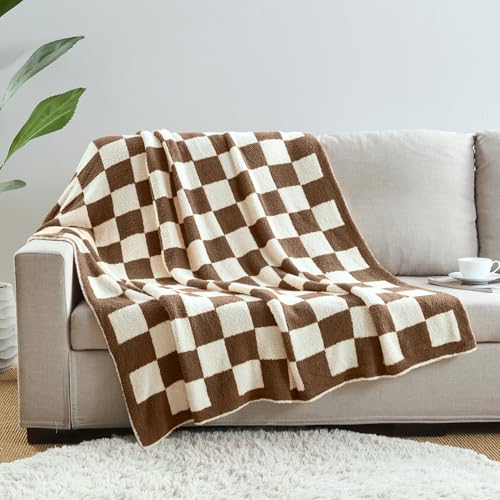 Image of CozeCube Brown White Reversible Checkered Knit Throw Blanket 50 inchx60 inch