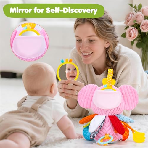 Image of Baby Girl Toys 0-6 6-12 Months, Sensory Musical Toddler Toy for 3 4 5 6 7 8 9+ Months, Pink Elephant Plush Infant Toy with Teether, Crinkle, Rattle Baby Mirror for Tummy Time Newborn