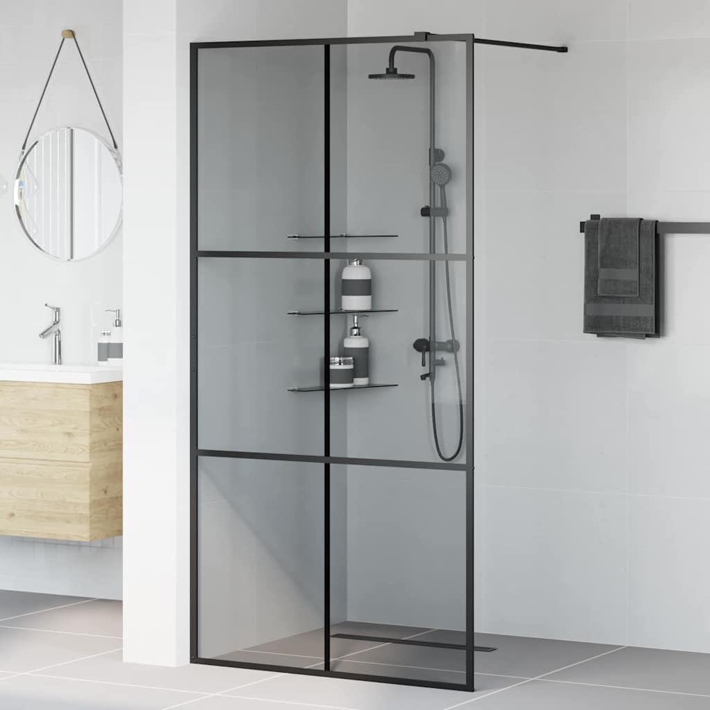 Ścianka prysznicowa Walk-in czarna z hartowanego szkła bezpiecznego 100 x 195 cm, bez ramy, bez barier i zajmuje mało miejsca, z regulowanym profilem aluminiowym, idealna do łazienki i
