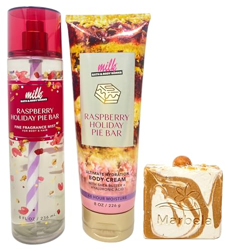 Bath &amp; Body Works Raspberry Holiday Pie Bar Fine Fragrance Mist and Ultimate Hydration Body Cream with a Peach Gardenia Bar Soap