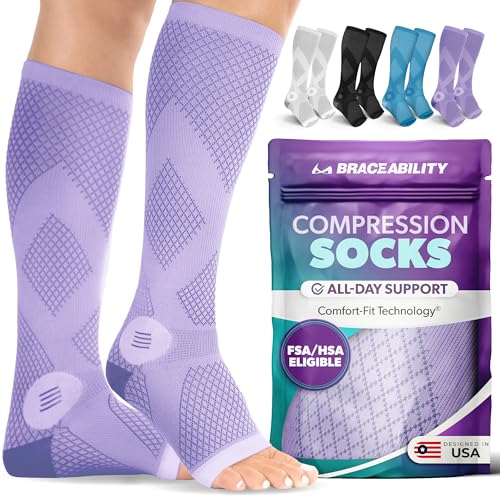 Image of BraceAbility Compression Socks for Circulation - 20-30 mmHg Knee High Neuropathy Open Toe Stockings for Varicose Veins, Swelling, RLS, Medical Toeless Support for Men or Women - 1 Pair (L - Lilac)