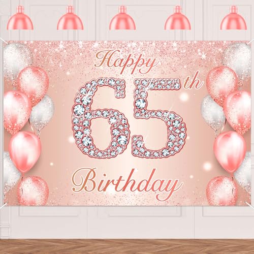 Image of Happy 65th Birthday Rose Gold Banner Cheers to 65 Years Old Backdrop Confetti Balloons Theme Decor for Women 65 Years Old Pink Birthday Party Decorations Bday Supplies Background Favors Gift Glitter