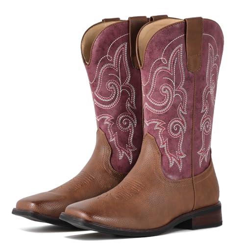 Image of IUV Cowboy Boots For Women Square Toe Cowgirl Wide Mid Calf Western Boots | Comfortable, Pull-on, Colorful Embroidered, Vintage-modern, Stylish for Daily Life and Outdoor Adventures.