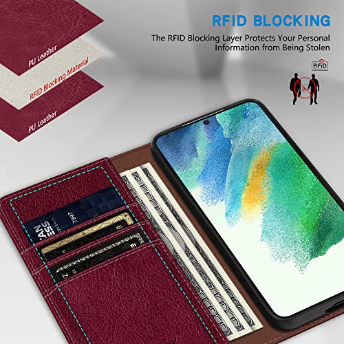 ZZXX for Galaxy S21 FE Wallet Case Strong Magnetic 6.4 inch,Wine Red - image 3