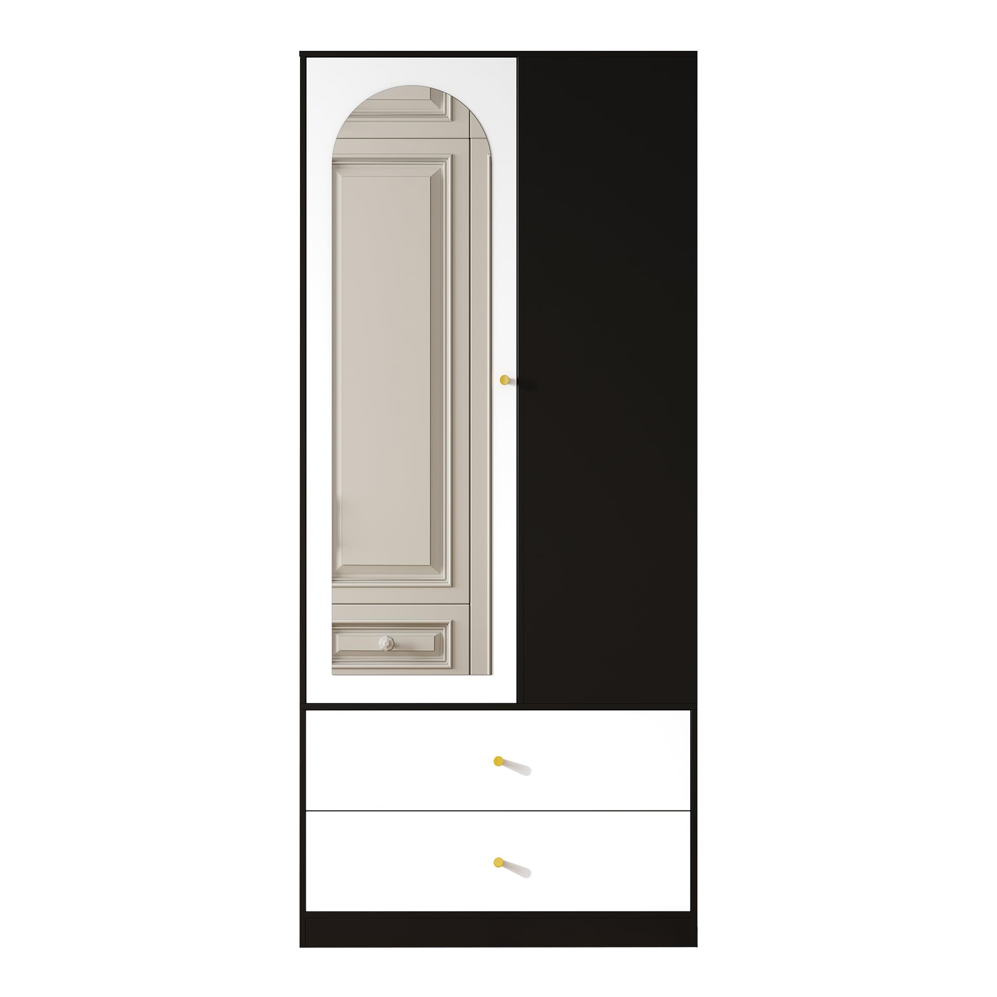 SUKY Armario con espejo y una puerta, moderno armario con 2 cajones y 4 estantes, ideal para almacenamiento versátil en el dormitorio, blanco y negro, 80 x 40 x 180 cm