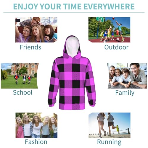 Purple Black Buffalo Plaid Kid Hoodies Boys Sweatshirts Girls Pullover with Pocket 6