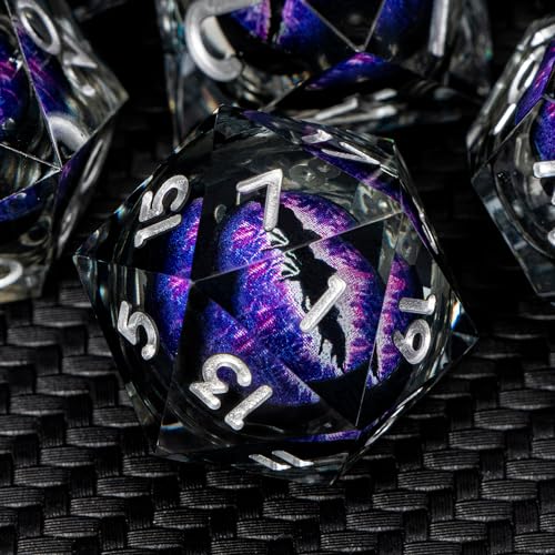 Aruohha Dnd Resin Dice Dragon Eye Dice Liquid Core Dice Set Purple Sharp Edged Dice Set With Gift Box, Dungeons And Dragons Polyhedral D&D Dice Role Playing Game D And D Dice Set D20 D12 D10 D8 D6 D4 cover