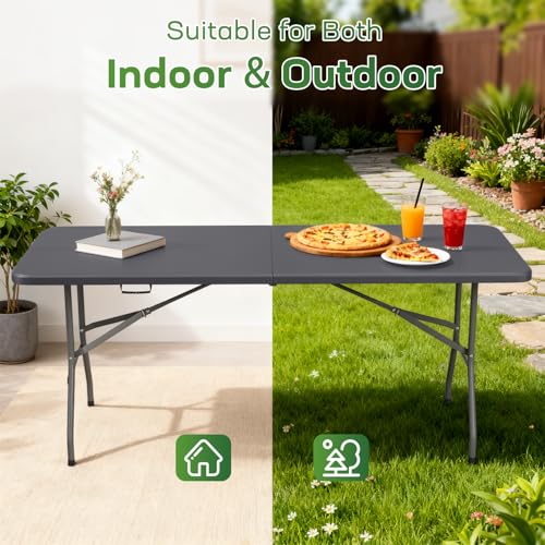Image of FDW 6 FT Folding Table, Portable Plastic Table with Carrying Handle Perfect for Indoor, Outdoor, Party, Dining, Wedding, Events, Camping, Grey