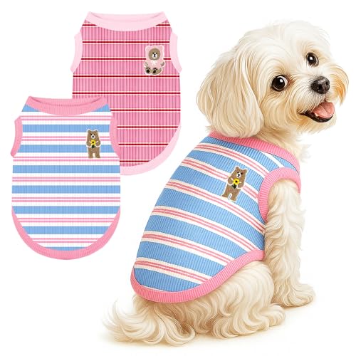 2 Pack Striped Small Dog Shirts Clothes for Girls Female Pink Cat Outfits Sleeveless Stretchy Puppy Tshirts Lightweight Pet Vest Breathable Doggy Tank Tops Chihuahua Yorkie Summer Clothing