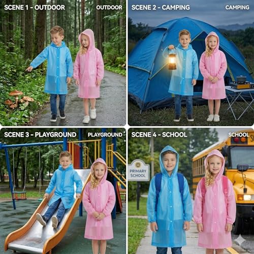 Image of ZukoCert 2 Pack Rain Ponchos for Kids, Waterproof EVA or Thicker Ponchos with Hood and Sleeves for Boys and Girls