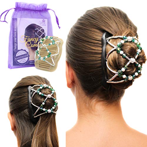 FANCY COMBS Premium Interlocking Hair Comb Clip For Women - Bun Maker, Ponytail & French Twist Holder For Long, Short, Thick Or Thin Hair - Decorative Hair Accessories (Small, Emerald Beads, Beige)