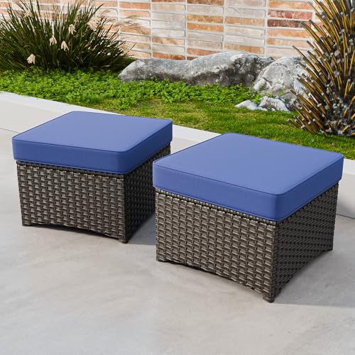 COOS BAY Stone Harbor Outdoor Wicker Ottomans, Small Patio Ottoman Set of 2, Square Rattan Ottoman Foot Rest for Patio Backyard Deck Porch, Brown/Blue
