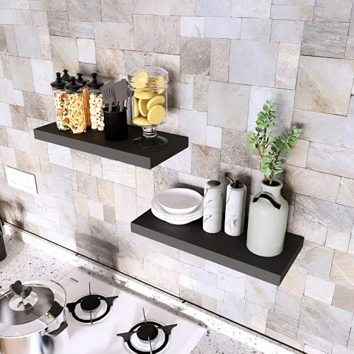 Image of Floating Shelves for Wall, Bathroom Shelves Wall Mounted for Kitchen, Bedroom, Bathroom Storage Over Toilet, Hanging Book Shelf for Wall Home Decor Living Room (Black-ND)