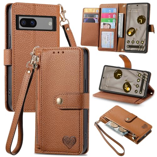 Pochette Pixel 9 marron anti-chute avec sangle arrière et fermeture éclair