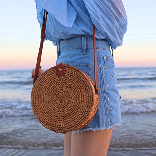 Handwoven Round Rattan Bag for Women Bali Ata Straw Bags Adjustable Shoulder Leather Straps4