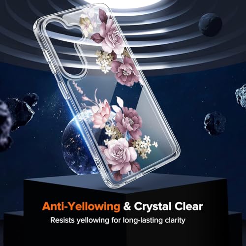 Image of Elzzi Clear Transparent Flower Cover for Samsung S26 5g Case Shockproof Floral Design Camera Protection Shockproof PC+TPU Transparent Flower Cover for Girls & Women (Deep Purple)