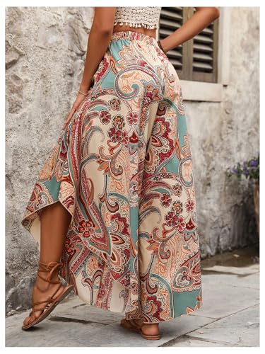 Women's Paisley Print Boho Pants Wide Leg Baggy Pants Elastic High Waisted Summer Lounge Beach Trousers2