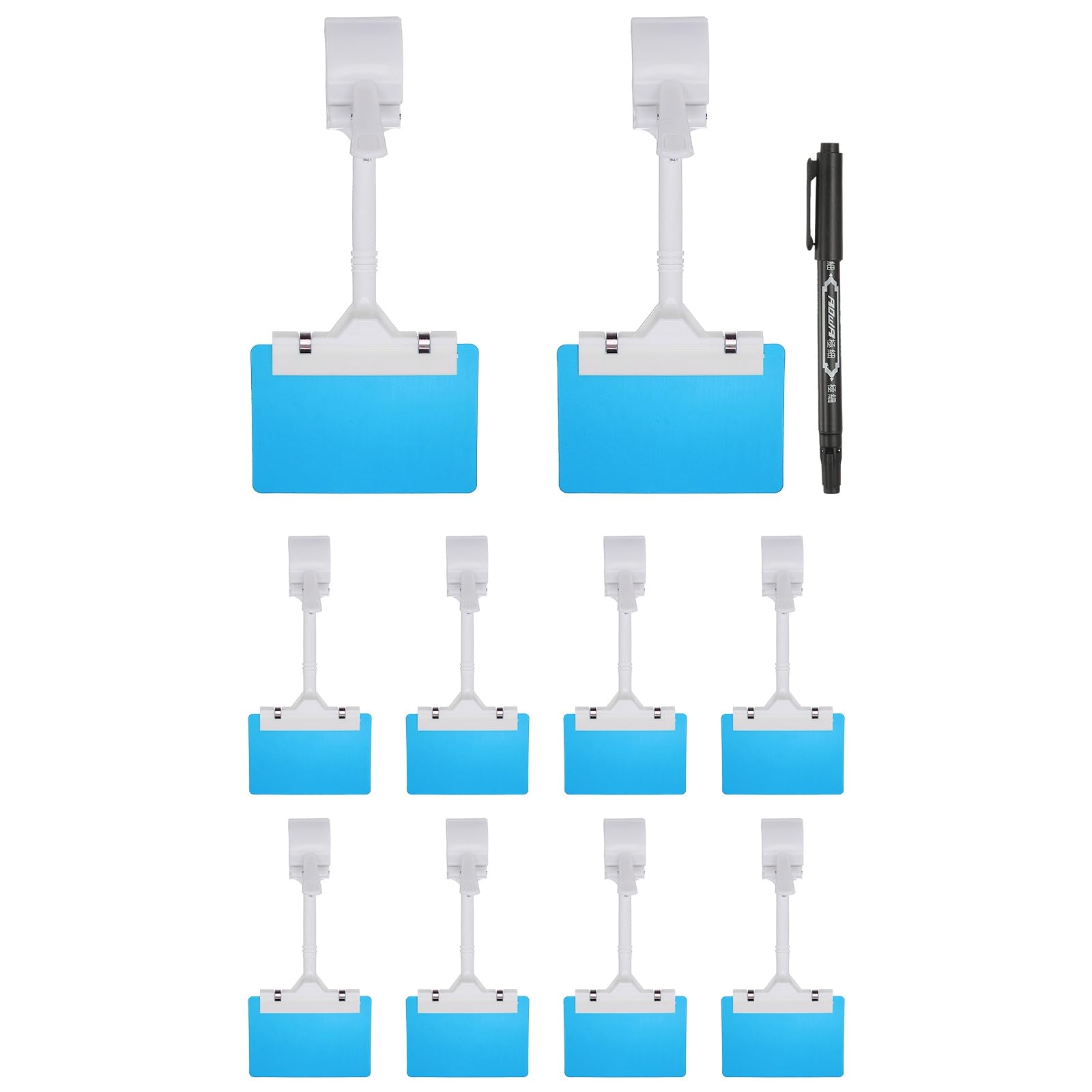 PATIKIL Sign Holder Clips, 10 Pcs Sign Holder Double Clip Adjustable Price Tag with Blue A7 Plastic Cards & Erasable Marker for Supermarket Office Exhibition, White