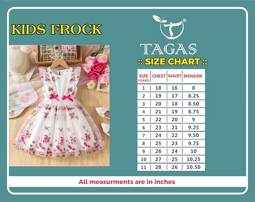Image of Tagas Girls' Knee-Length Dress|Elegant Floral Embroidered Baby Girl Party Dress with Bow|Soft Net Layered Frock for Birthday, Wedding & Festive Occasions|Comfortable & Stylish