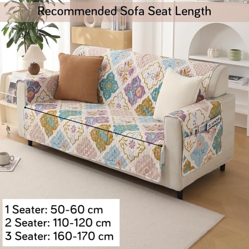 Image of HOKIPO 'VivaCasa Series' Polyester 2 Seater Quilted Sofa Cover with Pockets, Quatrefoil Multicolor (NEW-IN-739-D5)