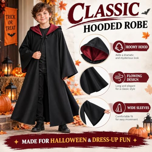 Wizard Costume Set for Kids, Hooded Black Robe for Halloween Dress Up - image 4