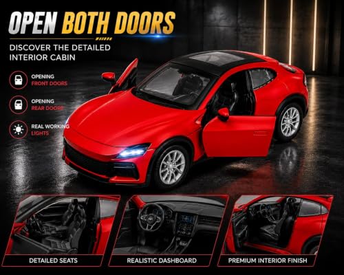 Image of TEC TAVAKKAL 1:36 Scale Diecast Metal Toy Car with Openable Doors, Pull-Back Action, LED Lights & Music - Premium Mini Sports Car Model for Kids & Collectors (Porsche Red)