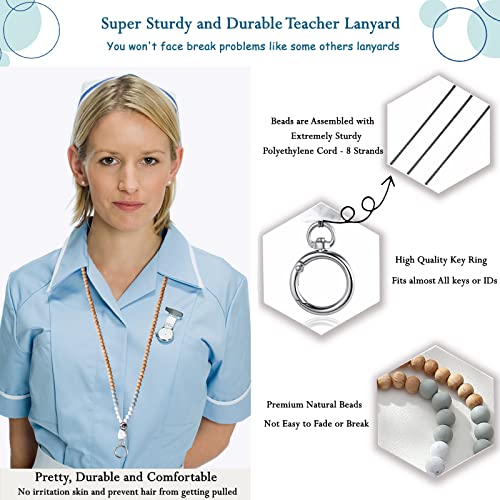 Image of Teacher Lanyard Lanyards for ID Badges Keys Women Wood Silicone Beaded Lanyard with ID Holder Work Jewelry