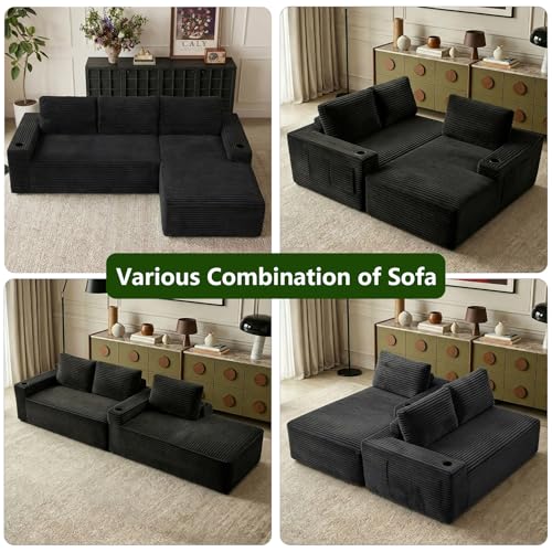 Image of 104.3 inch Modular Sectional Sofa,Modern Corduroy Cloud Couch with Cup Holder & Side Pockets,Boneless Couch Upholstered 4-Seater L-Shaped Sofa for Living Room,No Assembly (Black, Right-Facing Chaise) | with Cup Holder