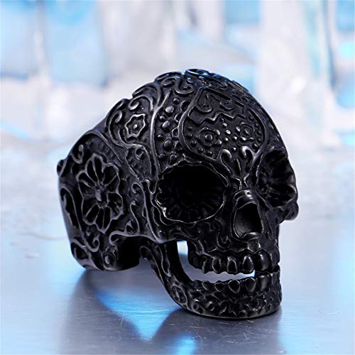 PAURO Unisex's Stainless Steel Skull Flower Ring Gothic Biker Style3