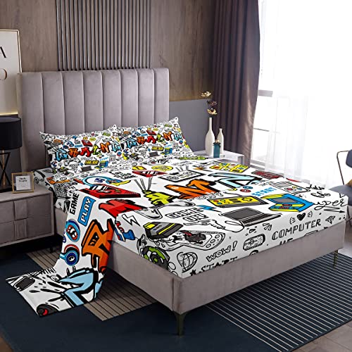 Gamer - Juego de sábanas para Juegos de computadora, Juego de sábanas para niños, Adolescentes, niñas, niños, Colorido, Graffiti, Gamepad, Auriculares, Juego de Ropa de Cama Retro, máquina de Juego a