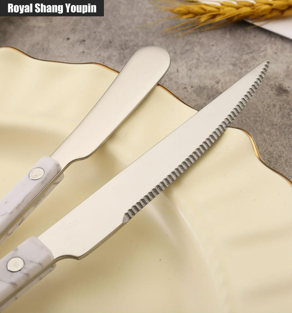 Manico Con Rivetto in ABS Manico Con Motivo in Marmo Cucina Acciaio Inossidabile Posate Stoviglie Posate Coltelli Forchette Cucchiai Set, Coltello Da Burro Cucchiaio (Verde,12 pezzi)
