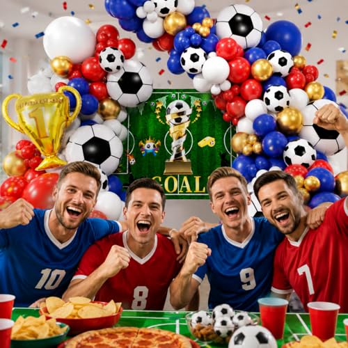 Image of Soccer Party Decorations 161Pcs, Soccer Balloon Garland Arch Kit with Backdrop Banner 18'' Football Foil Balloons, Blue Red Gold White Balloons for Boys Sports Fan Birthday Soccer Party Decor