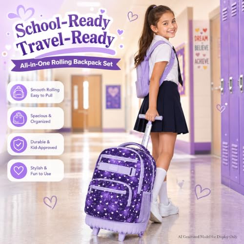 Image of 3Pcs Rolling Backpack for Girls, 19 inch Kids Wheeled Bookbag with Lunch Box, Roller Bag for Elementary Travel (Purple)