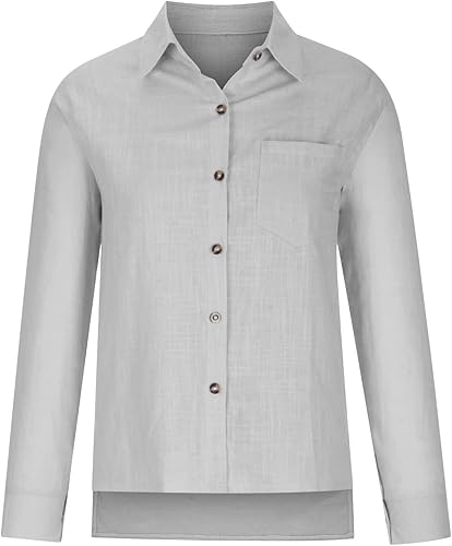 Miniatura 8 de Camisas de manga larga con botones para mujer, estilo casual, cuello en V, cuello en V, de lino y algodón, blusas sueltas