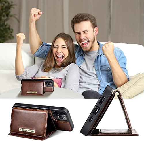 Image of PULOKA Wallet Back Case - Compatible with iPhone 14 Pro - Vegan Leather Phone Cover - Detachable Card Holder Case with Kickstand - Shockproof, Anti Scratch & Raised Edges for Protection - Brown