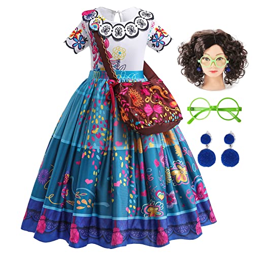 ATIMIGO Mirabel Dress for Girls, Mirabel Costume Halloween Cosplay Outfit Birthday Gift for Girls Kids with Wig Glasses Bag Size 2-3T
