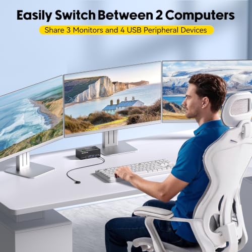 Image of KVM Switch 3 Monitors 2 Computers EDID Simulation,4K@60Hz HDMI Displayport Triple Monitor KVM Switch,3 Monitor KVM with 4 USB 3.0 Ports for Keyboard Mouse, Wired Remote and 2 USB3.0 Cables Included