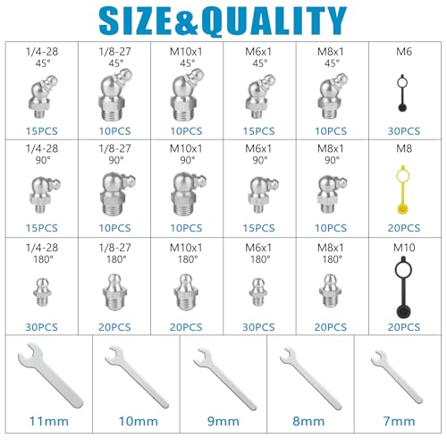 Image of 310 PCS Grease Fittings Assortment, SAE & Metric Zerk Grease Fittings Straight 45 90 Degree with Plastic Grease Fitting Cap, 5 PCS Wrench Kit(7-11mm) for Grease Gun Included