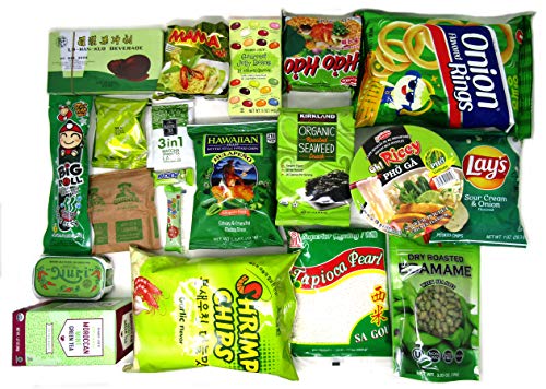 All things Green Snack Mystery Bundle Including - Nongshim, Kirkland, Hao Hao, MAMA, Hawaiian, Hi Chew, Hello Panda, Seaweed, Nuri, Matcha Green Tea, Edamame, etc.