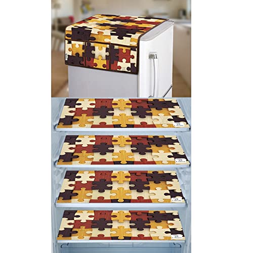 Image of Polyester 3-Layered Digital Printed Fridge Top Cover /Refrigerator Cover with Utility Pockets and Set of 4 Pc Fridge Mats (Color-Yellow, Size-39x21 Inches)