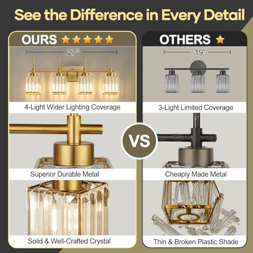 Image of Torondo Modern Crystal Bathroom Vanity Light 4-Lights Brushed Gold Bathroom Light Fixtures Over Mirror Brushed Gold Vanity Lighting Fixtures Square Shade Brass Wall Sconce (Bulbs Not Include)