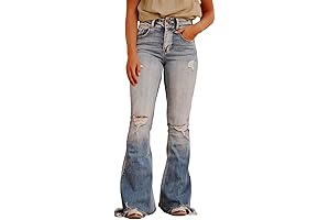 Women's Flare Bell Bottom Jeans High Waist Raw Hem Wide Leg Western Pants