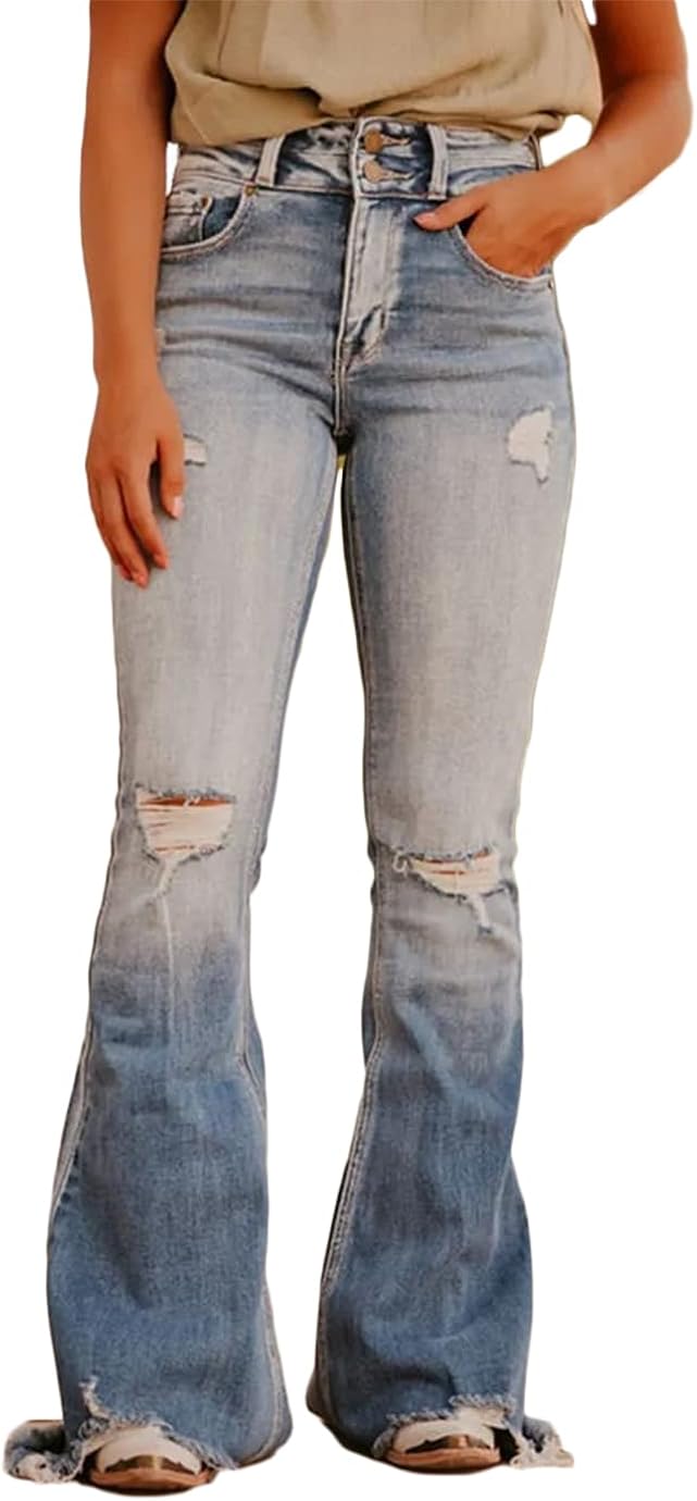 Flamingals Flare Bell Bottom Jeans for Women Raw Hem High Waist at
