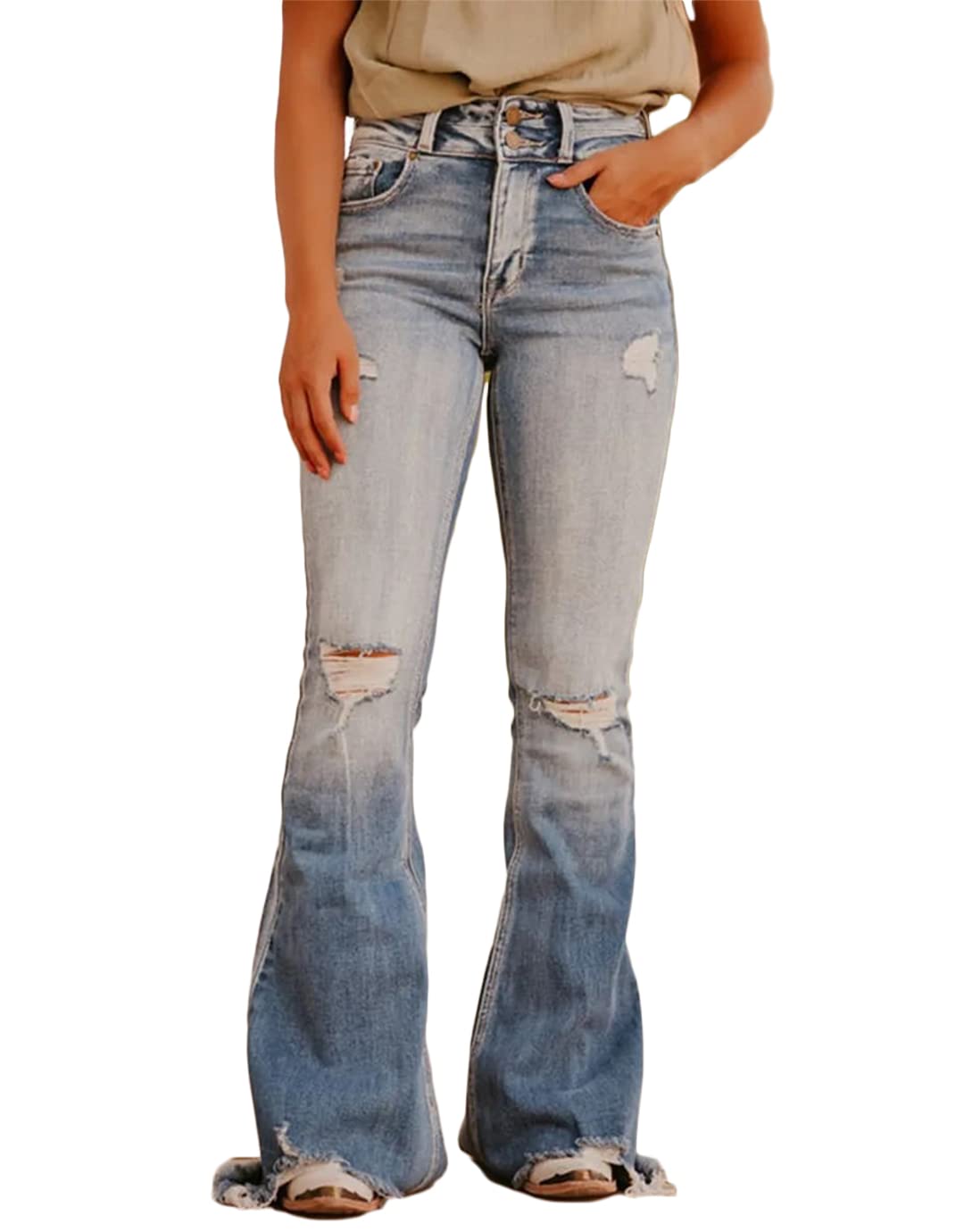 Flamingals Women's Bell Bottom Jeans Flared Ripped High Waist Stretchy Distressed Denim Bootcut Jeans