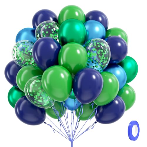 60pcs Blue and Green Balloons 12inch with Navy Blue Metallic