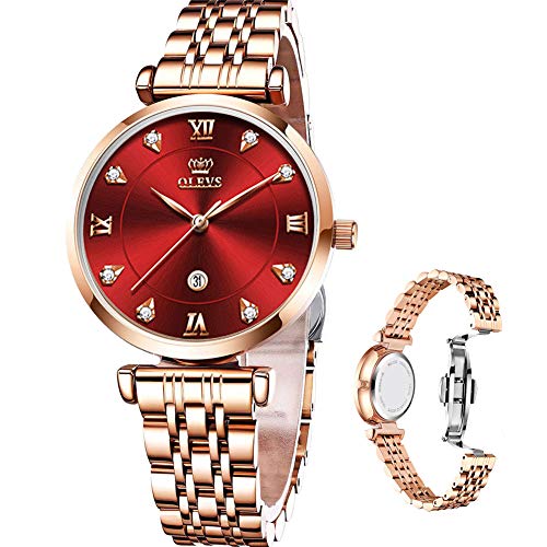 Rose Gold Watches for Women Red Dial Waterproof Stainless Steel OLEVS Luxury Casual Ladies Gold Watch with Small Faces Womens Wrist Watch Waterproof Classic Quartz Simple Wrist Watch Relojes de Mujer