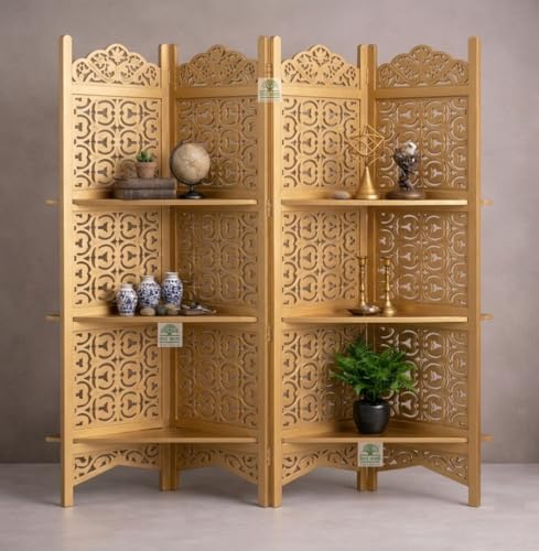 Image of Wooden Room Divider 6 Feet, 4-Panel Folding Wooden Partition for Living Room, Office, Pooja Room, Restaurant, Kitchen & Balcony (2W x 1.82H Meters). (Golden Lattice Pattern)