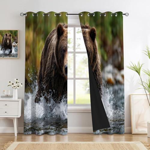 Rideau occultant ours pêcheur brun 140x200cm lot de 2 à oeillets